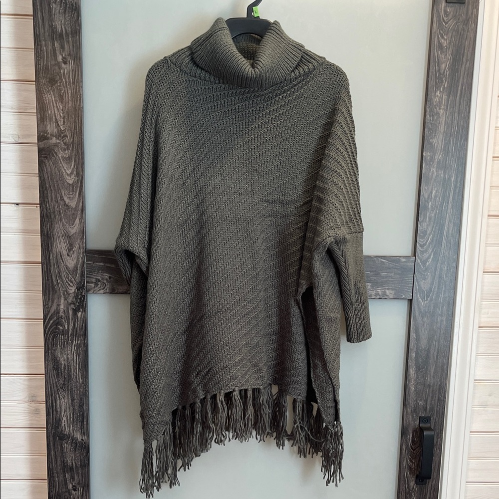 Cozy Olive Turtleneck Sweater with Fringe NWOT